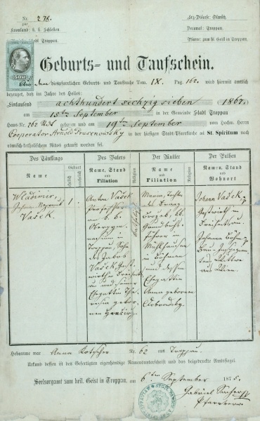 Náhledový obrázek Rodný a křestní list -Vladimír Jan Nepomucký Vašek  (Petr Bezruč) - 1