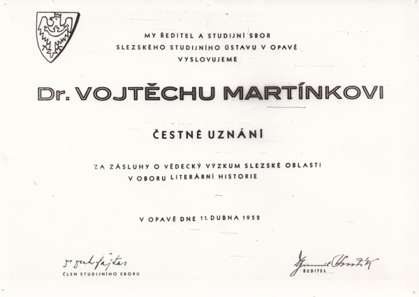 Náhledový obrázek Čestného uznání Slezského ústavu v Opavě dr. Vojtěchu Martínkovi - 1