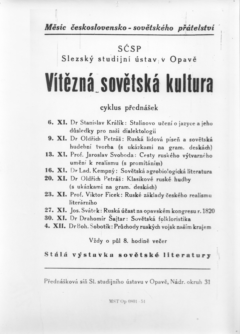 Náhledový obrázek Program přednášek Spolku SČSP v listopadu 1951 - 1